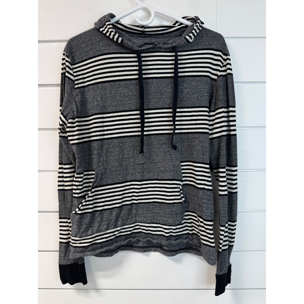 Blue Gear Mens Striped Hooded T-Shirt Grey Black White Cotton Pullover Medium